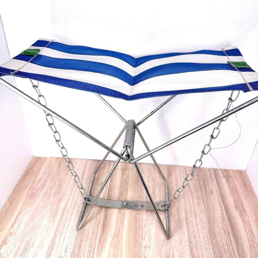 Vintage Folding Camping‎ Stool Metal Frame Chain Support Blue Seat Portable